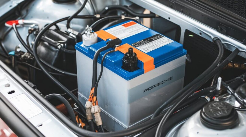 a photo of a Porsche battery in a car engine