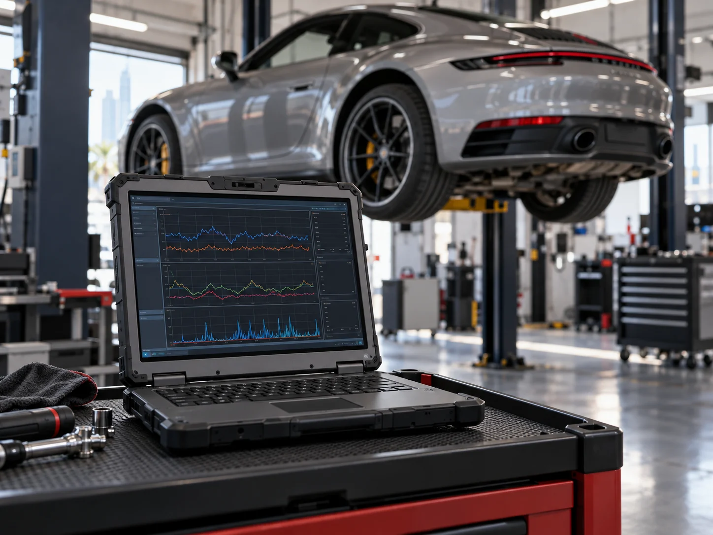 Diagnostic laptop showing live data graphs beside a Porsche on a lift