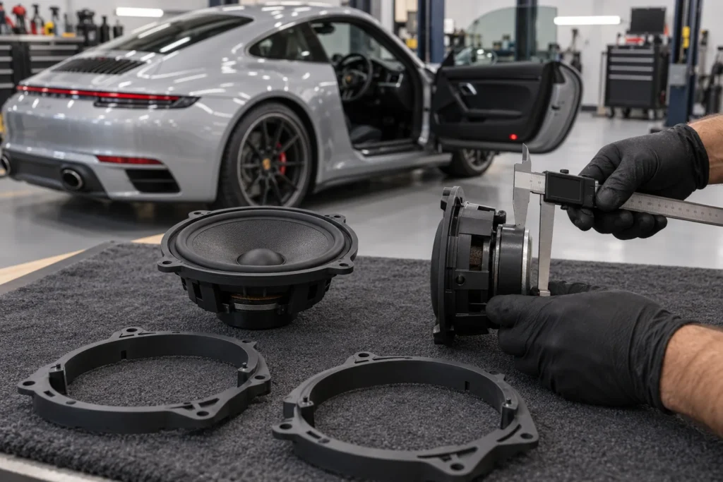 Gloved hands holding a caliper beside speaker baskets and adapter rings on a padded workshop bench