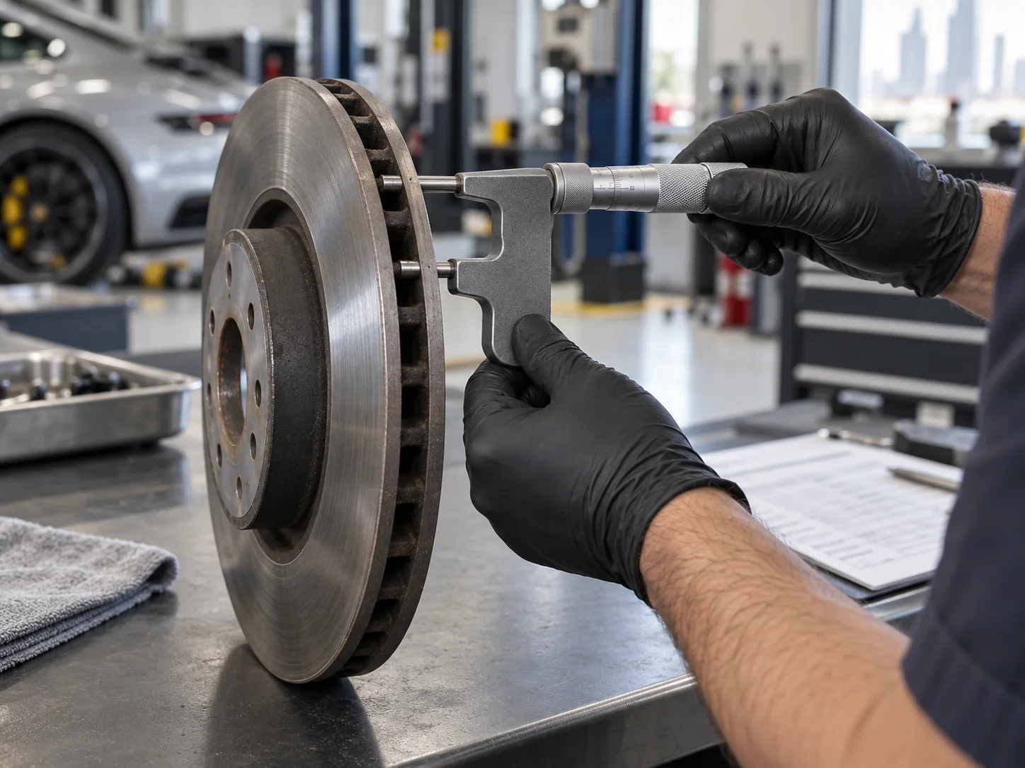 Technician measuring a Porsche brake disc with a micrometer during a brake inspection.