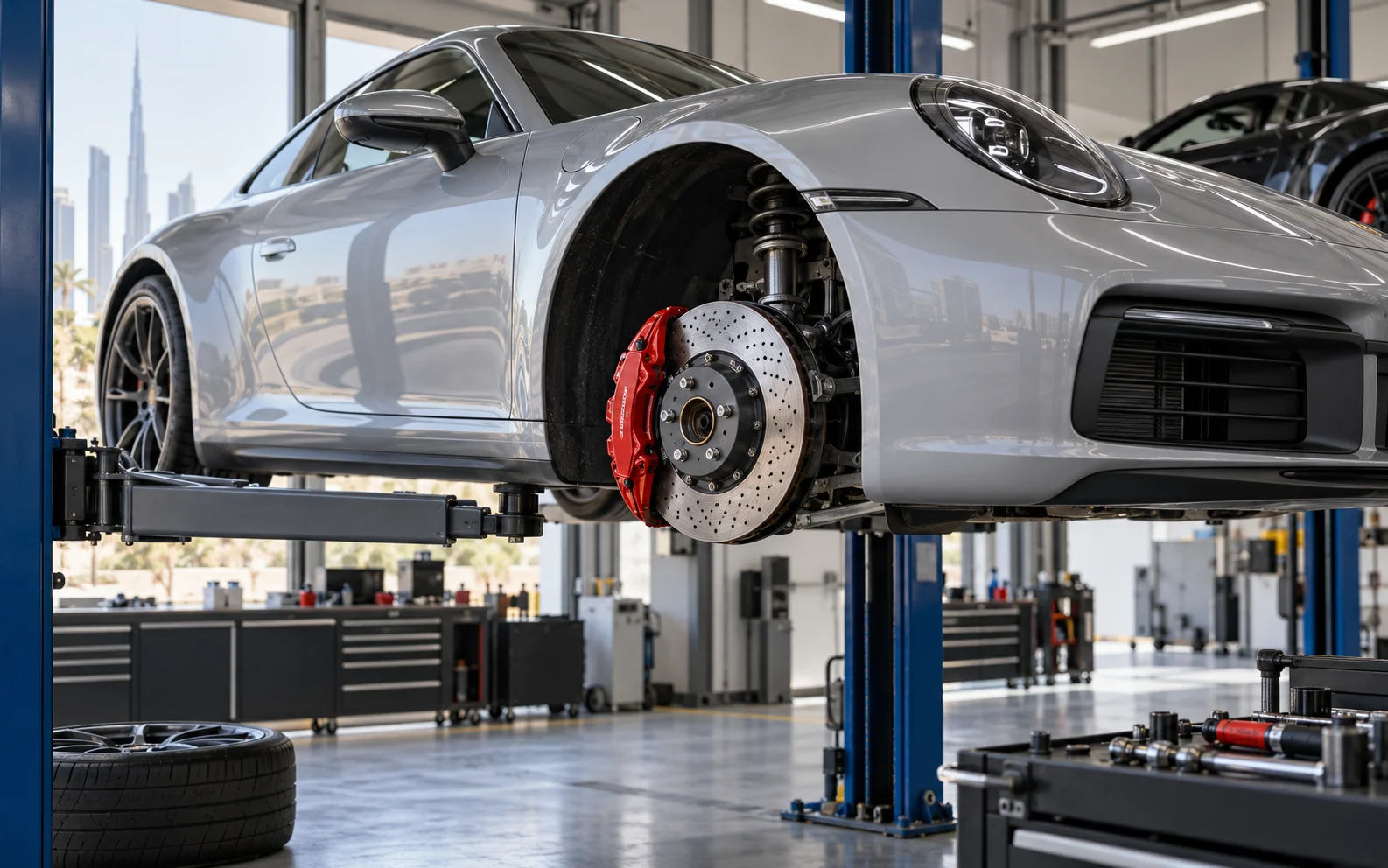 Porsche front brake with the wheel removed showing the caliper and disc in a Dubai workshop.