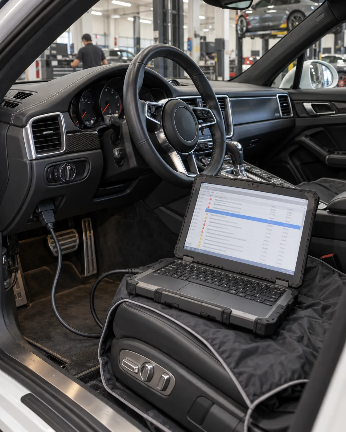 Diagnostic laptop connected to a Porsche under the dashboard with fault memory on screen