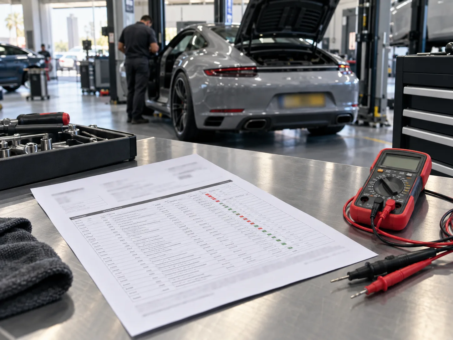 Printed Porsche diagnostic report with fault codes and test readings on a workshop bench
