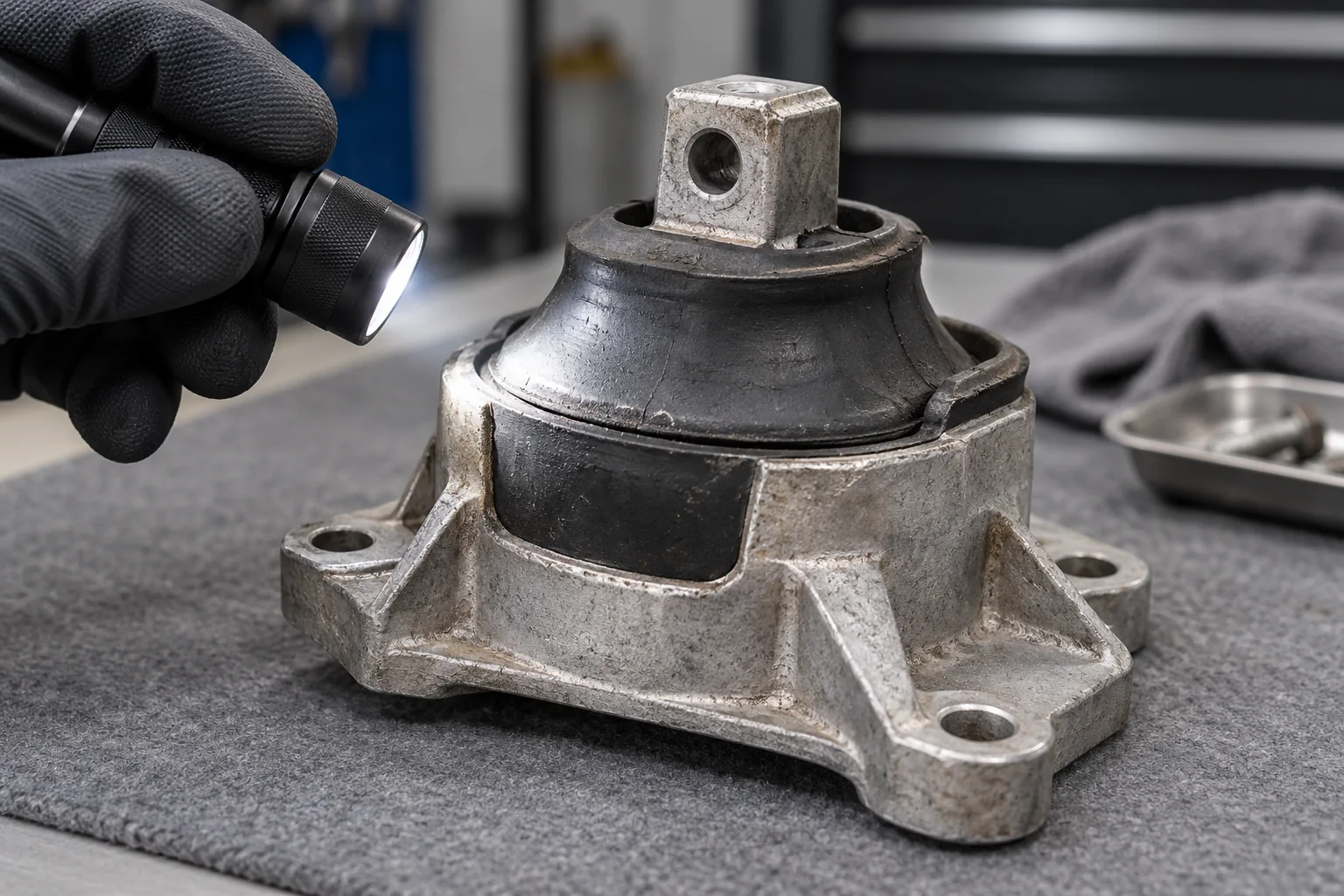 Inspection light beside the rubber and steel parts of a removed Porsche engine mount