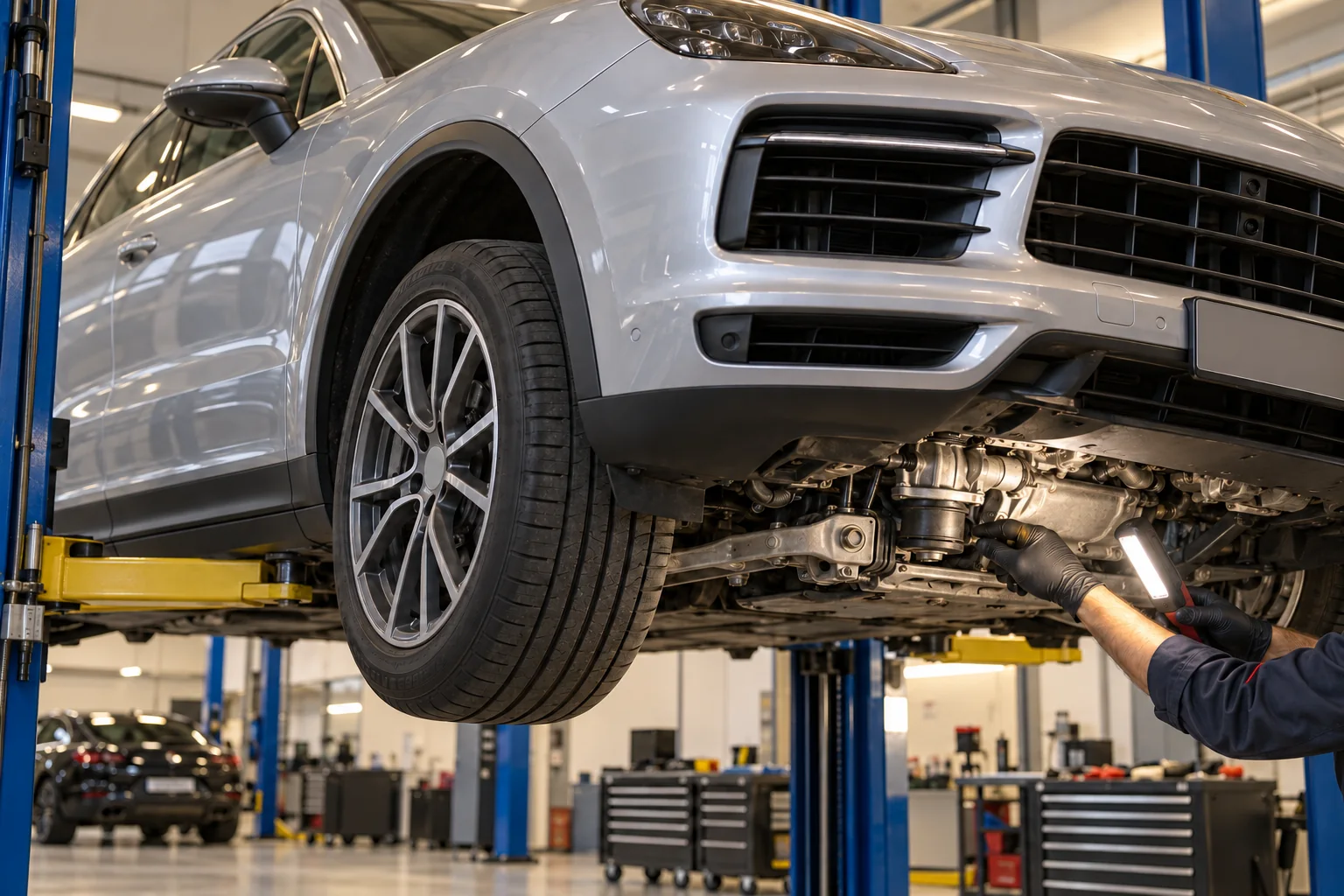 Technician inspecting the engine support area of a Porsche SUV on a workshop lift