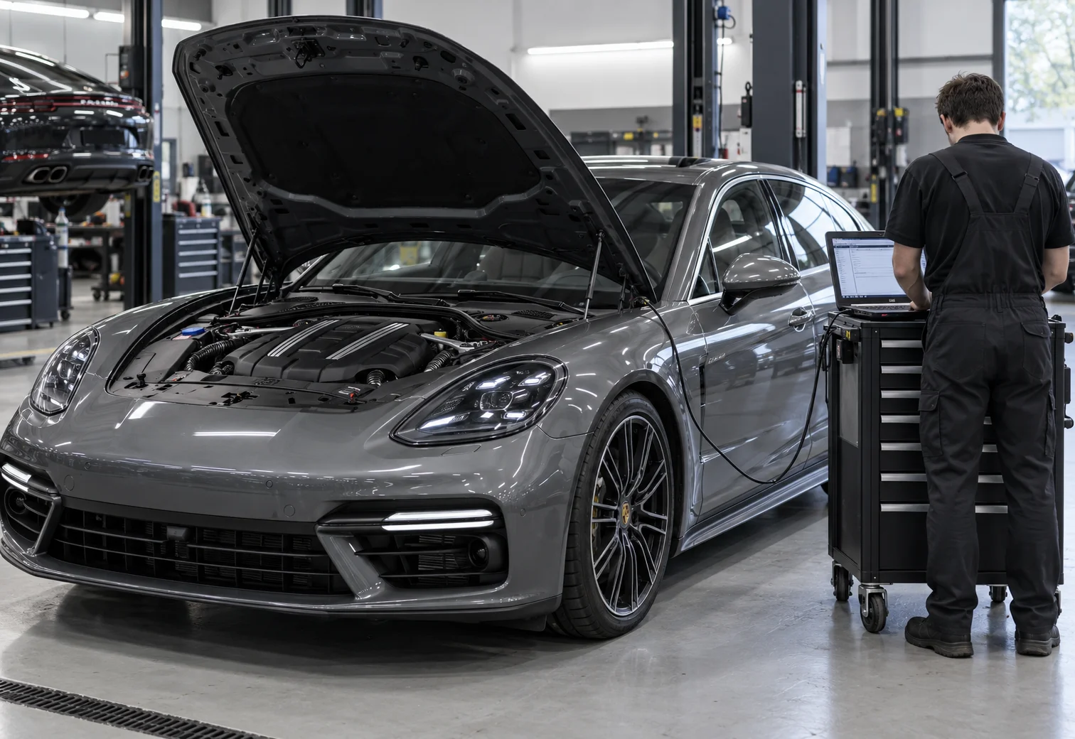 Panamera beside diagnostic equipment with its bonnet open