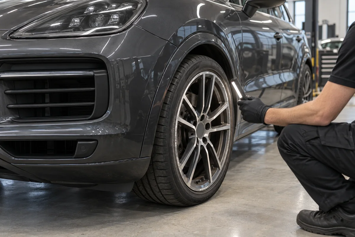 Technician assessing a damaged Porsche alloy wheel in a Dubai workshop