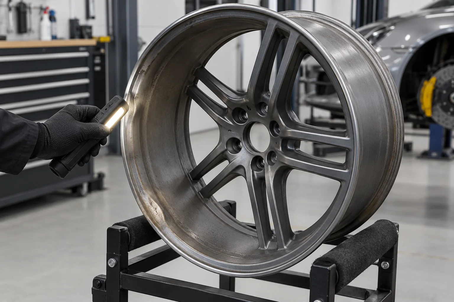 Inner barrel of a Porsche wheel checked with a torch for impact damage